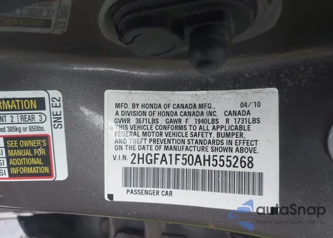 2010 Honda Civic Lx z USA, uszkodzony, nr VIN 2HGFA1F50AH555268